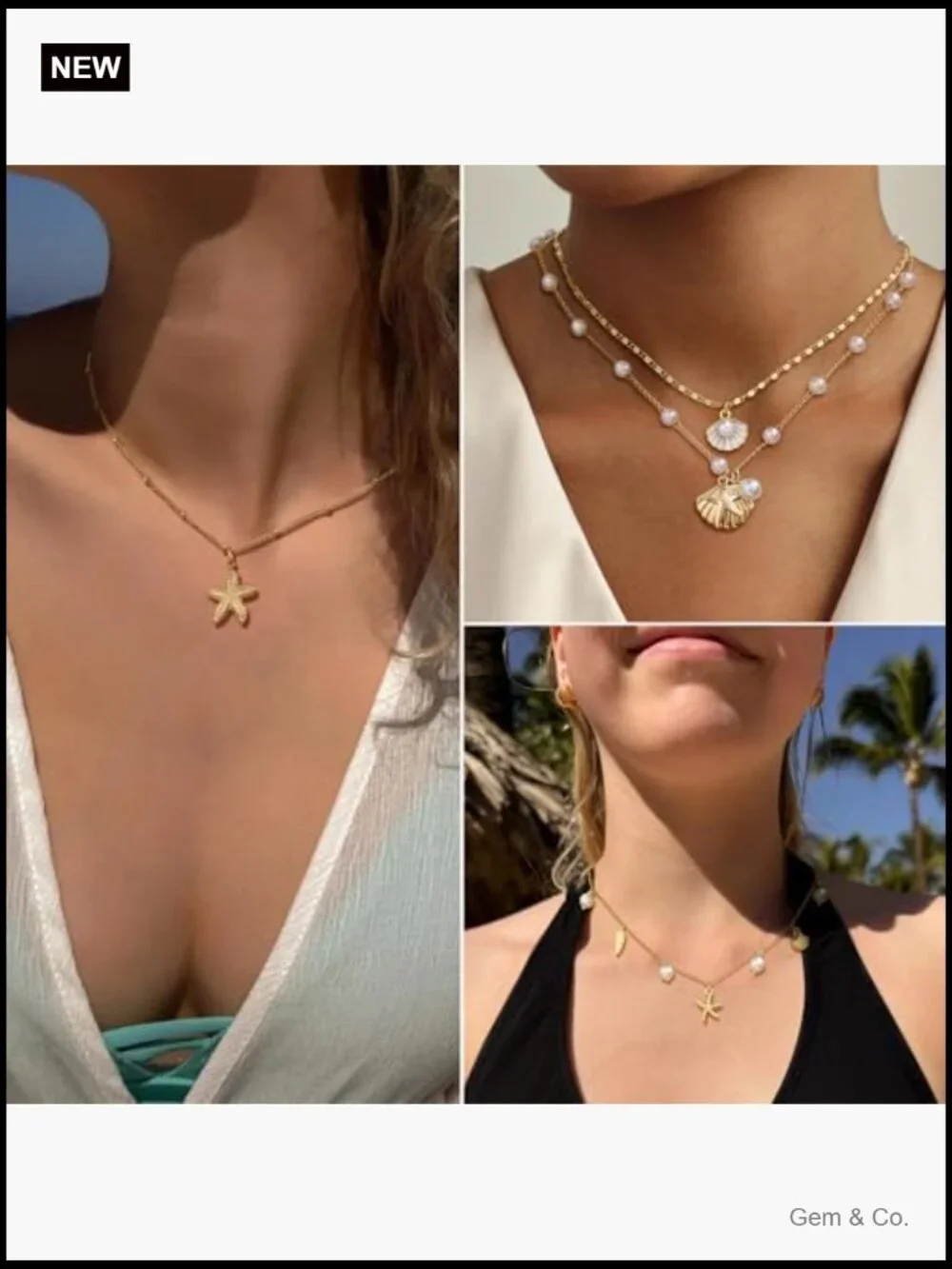 Layered Seashell Starfish Pearl Beach Charm Necklace Set